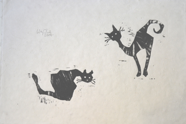 Karin Weiss, Zwei Katzen , Holzschnitt